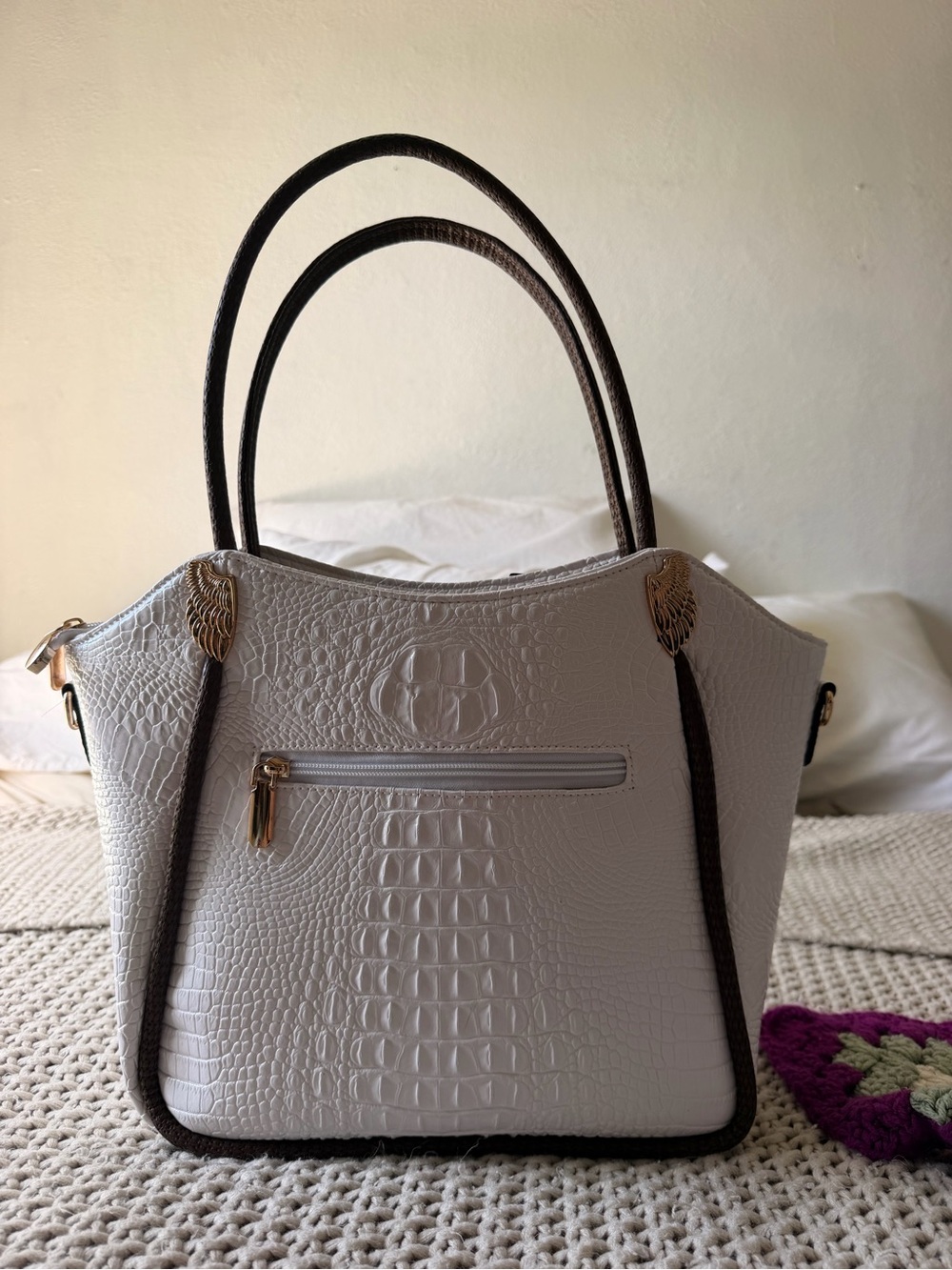 White Croc-Embossed Tote with Gold Accents